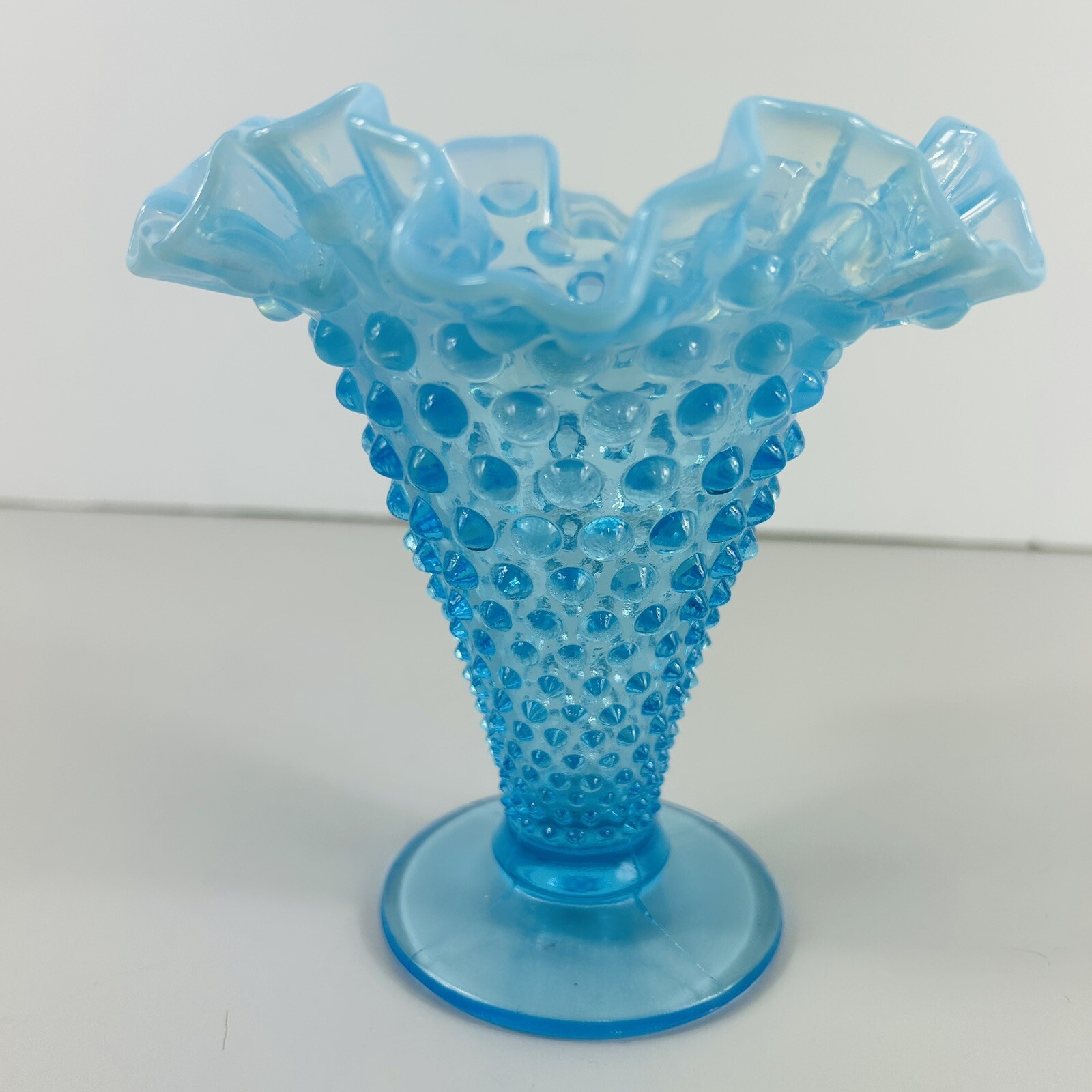 Vintage Opalescent Aqua Blue Glass Hobnail Vase Fluted Ruffled Edge Footed 5.75″