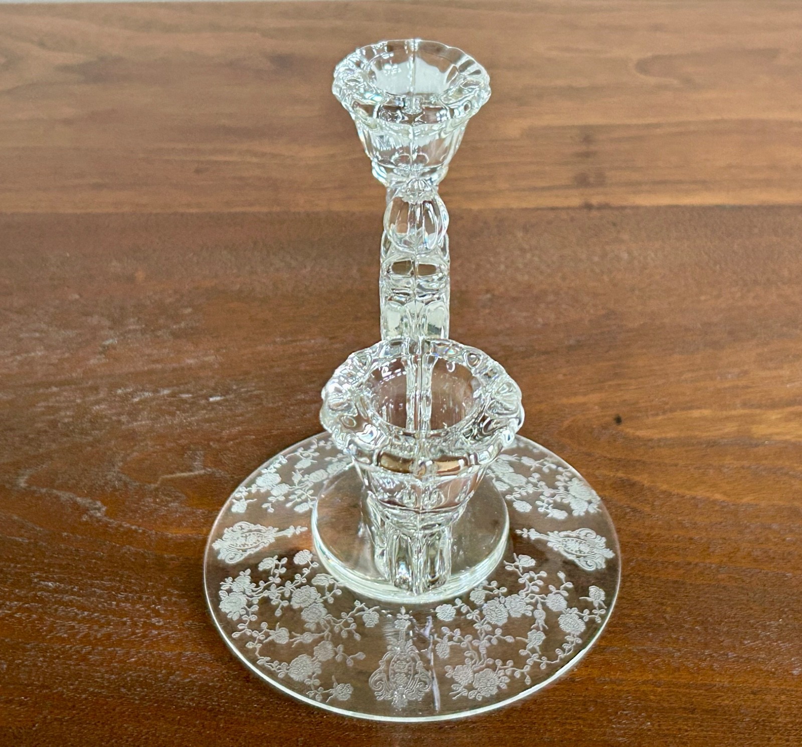 PAIR VTG CAMBRIDGE GLASS ROSE POINT ETCHED KEYHOLE 2 LIGHT CANDLE HOLDERS #3400