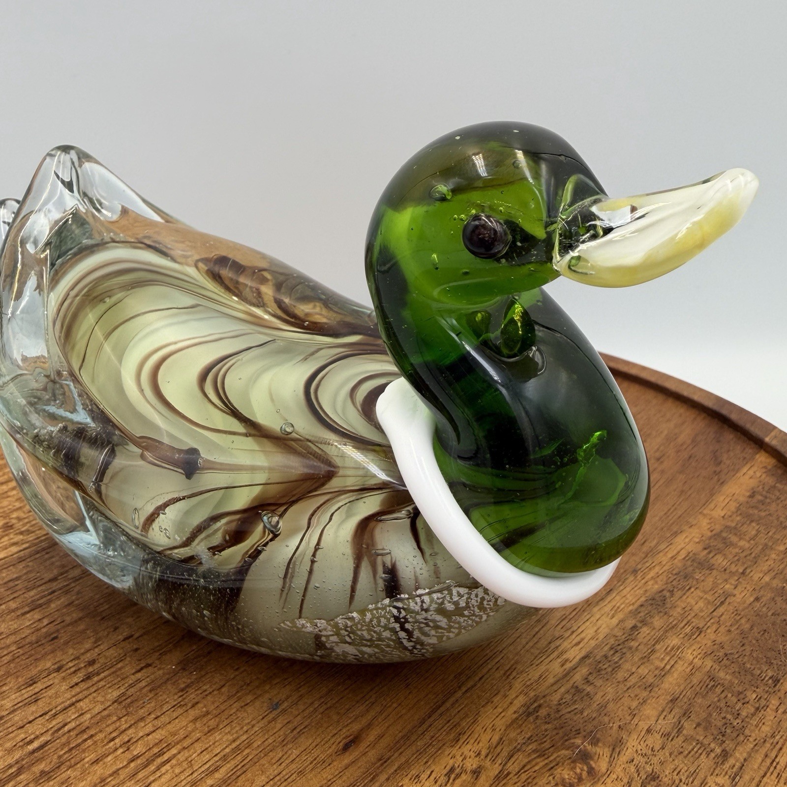 MCM Murano Art Glass Mallard Duck Silver Color Flecks Mouth Blown Heavy
