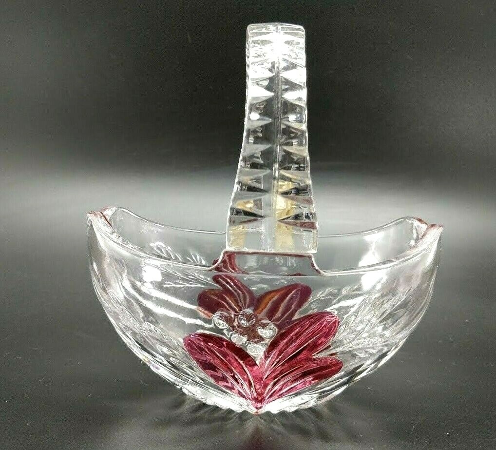 Anna Hutte Bleikristall Germany Hand Cut Lead Crystal Basket Handle Red Flower