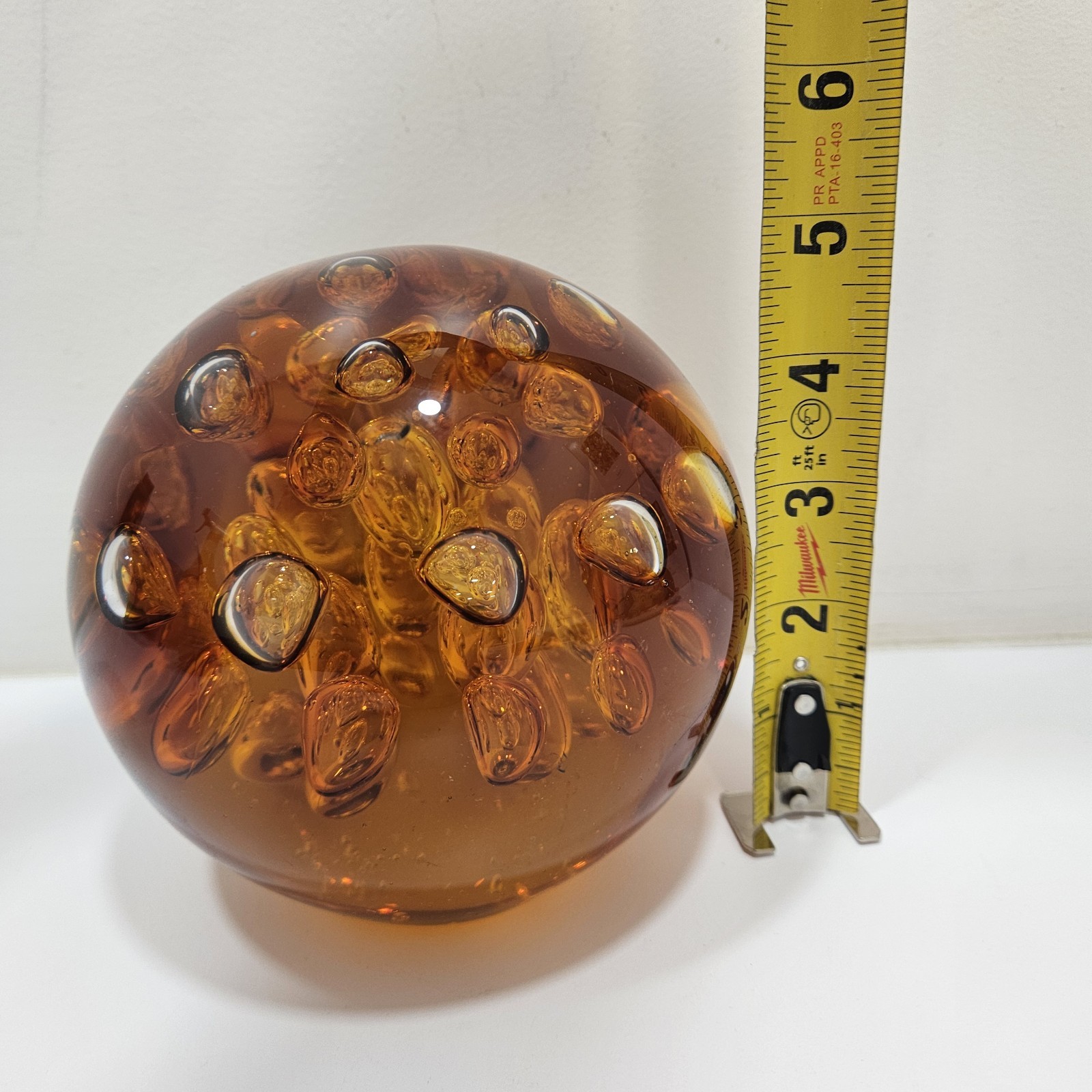 Paper Weight About 7lbs, 5” Round Orb Amber Gold Orange Large Controlled Bubbles