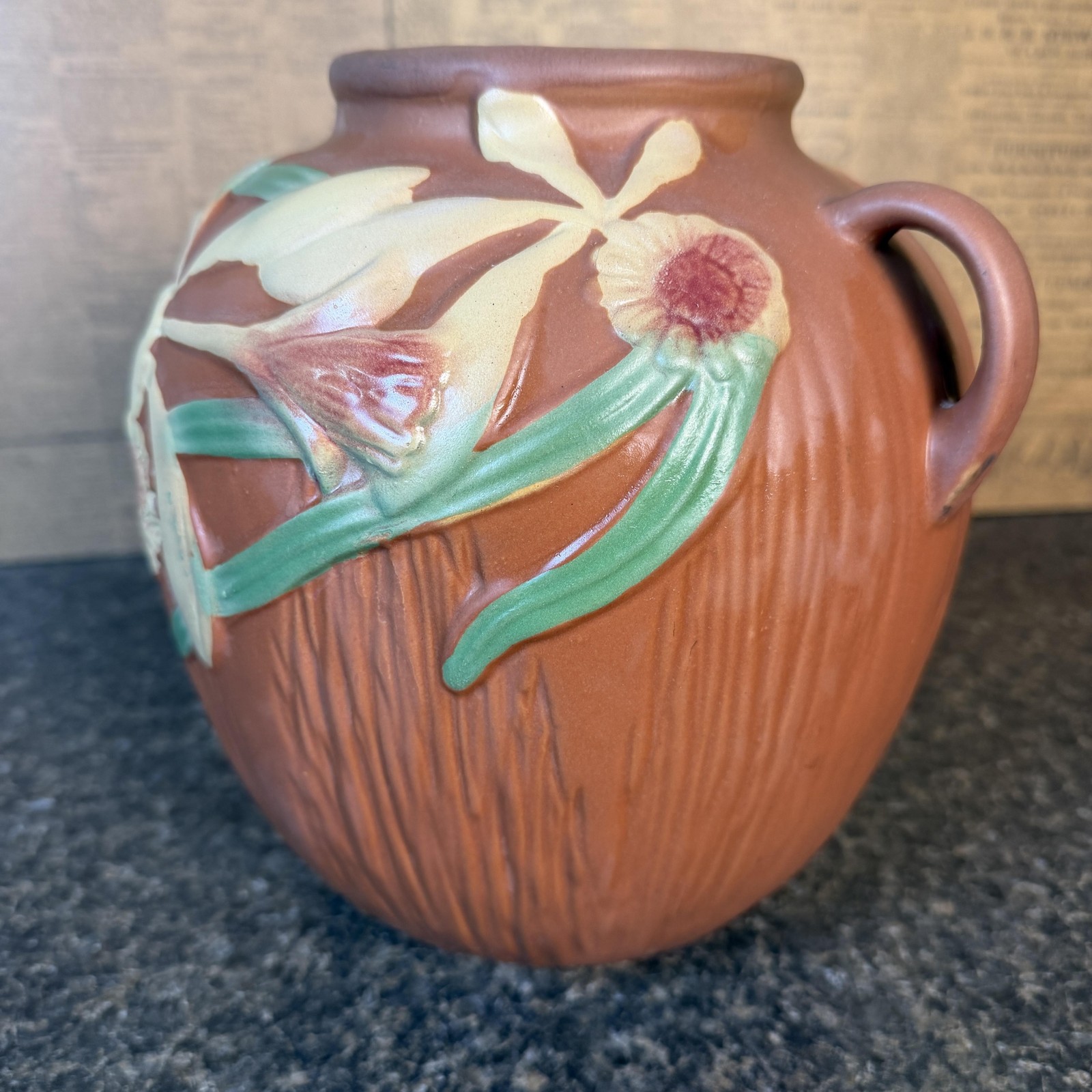 Vintage Pottery Orchid Two Handle Vase Brown Green Pink Art Deco