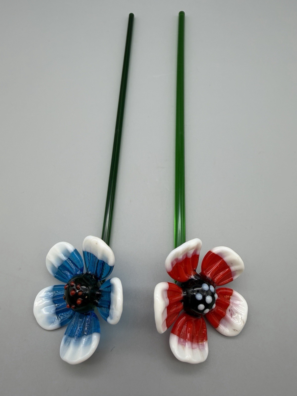 Pair of Vintage Art Glass Flowers Red Blue White Green Blown Glass Sculptures