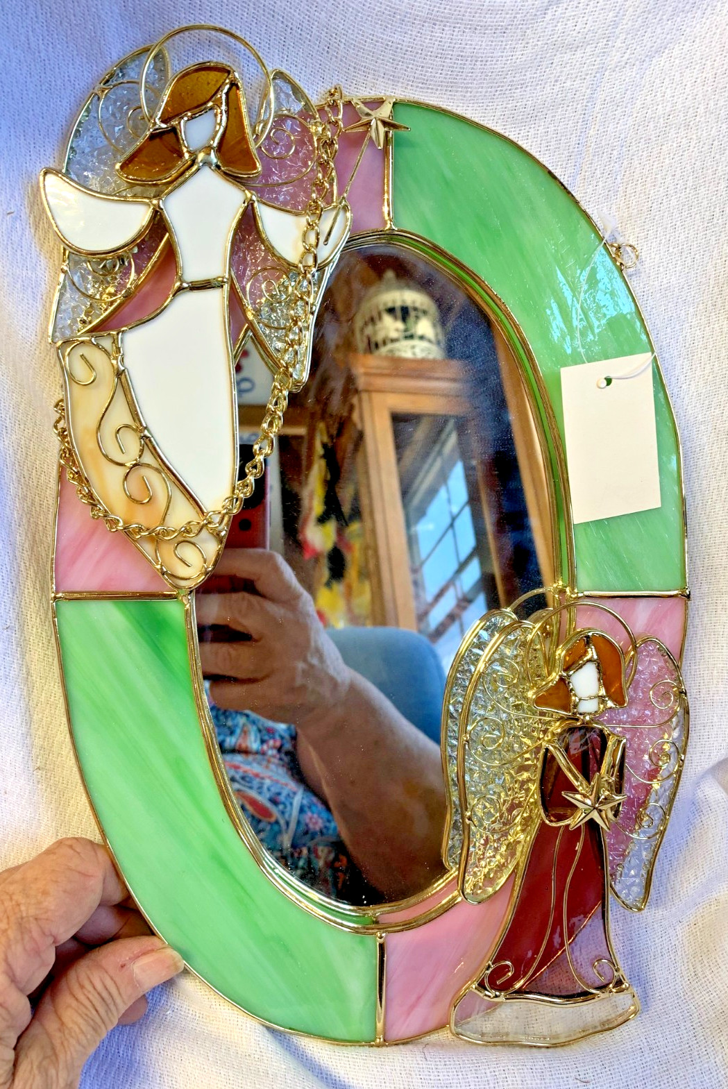 Stained Glass Pink & Green Oval Angel Mirror 7 ” Wide Real Glass SG-3077