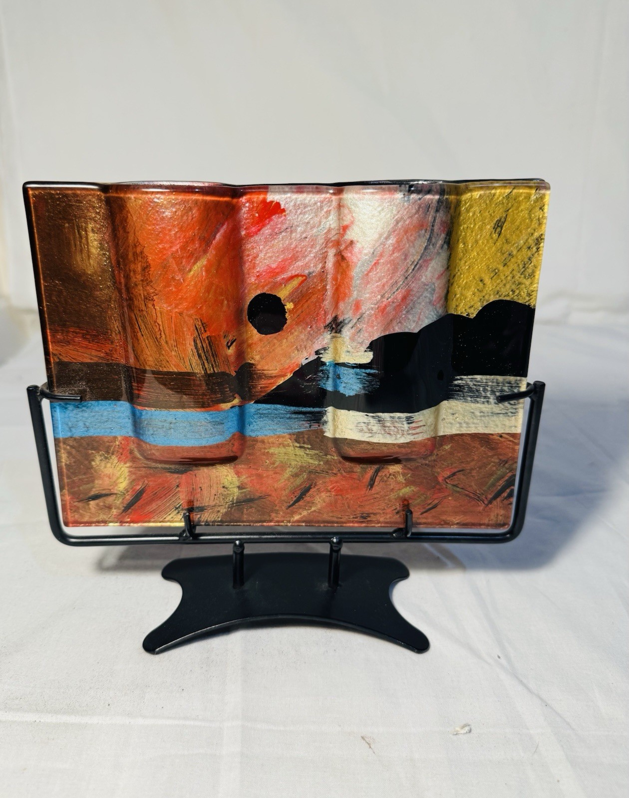 Abstract Art Glass Vase Multi Color Metal Stand Signed