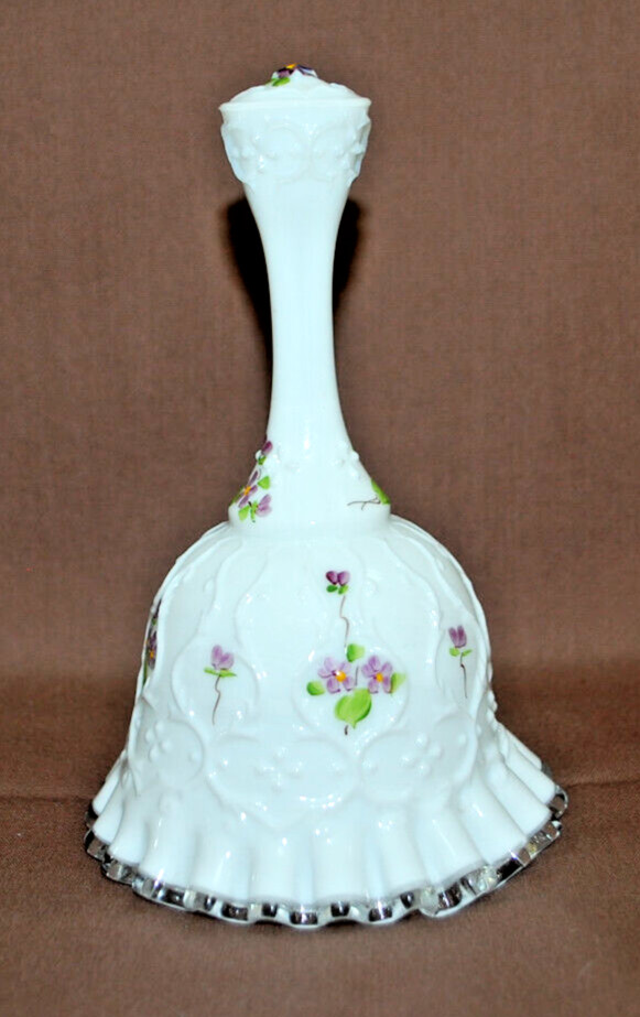 Fenton Silver Crest Bell Violets In The Snow Hand-Painted, Signed Vintage T1677