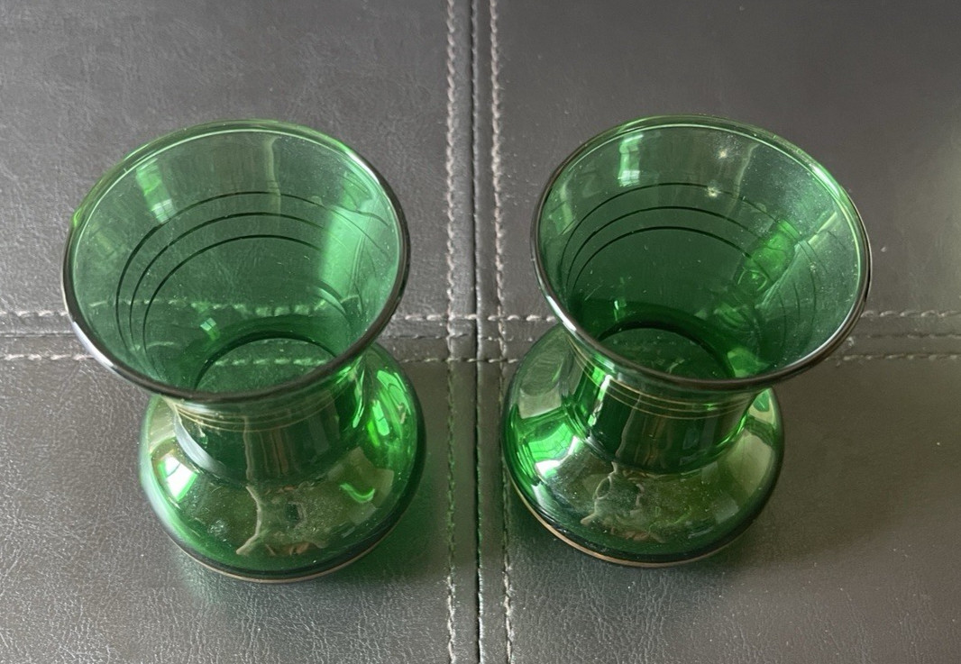 NIB NOS Anchor Hocking Forest Green Glass Flared Bulb Vase w/ Gold Gilding 3.50”
