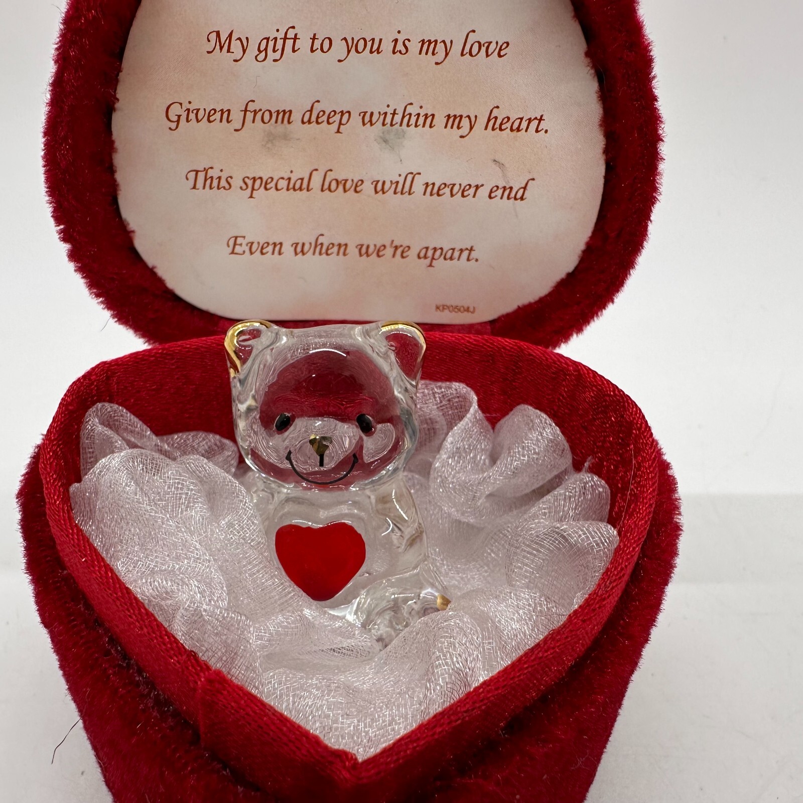 VTG BLOWN GLASS HEART TEDDY BEAR 1 3/4” & Heart Shaped Clamshell Case