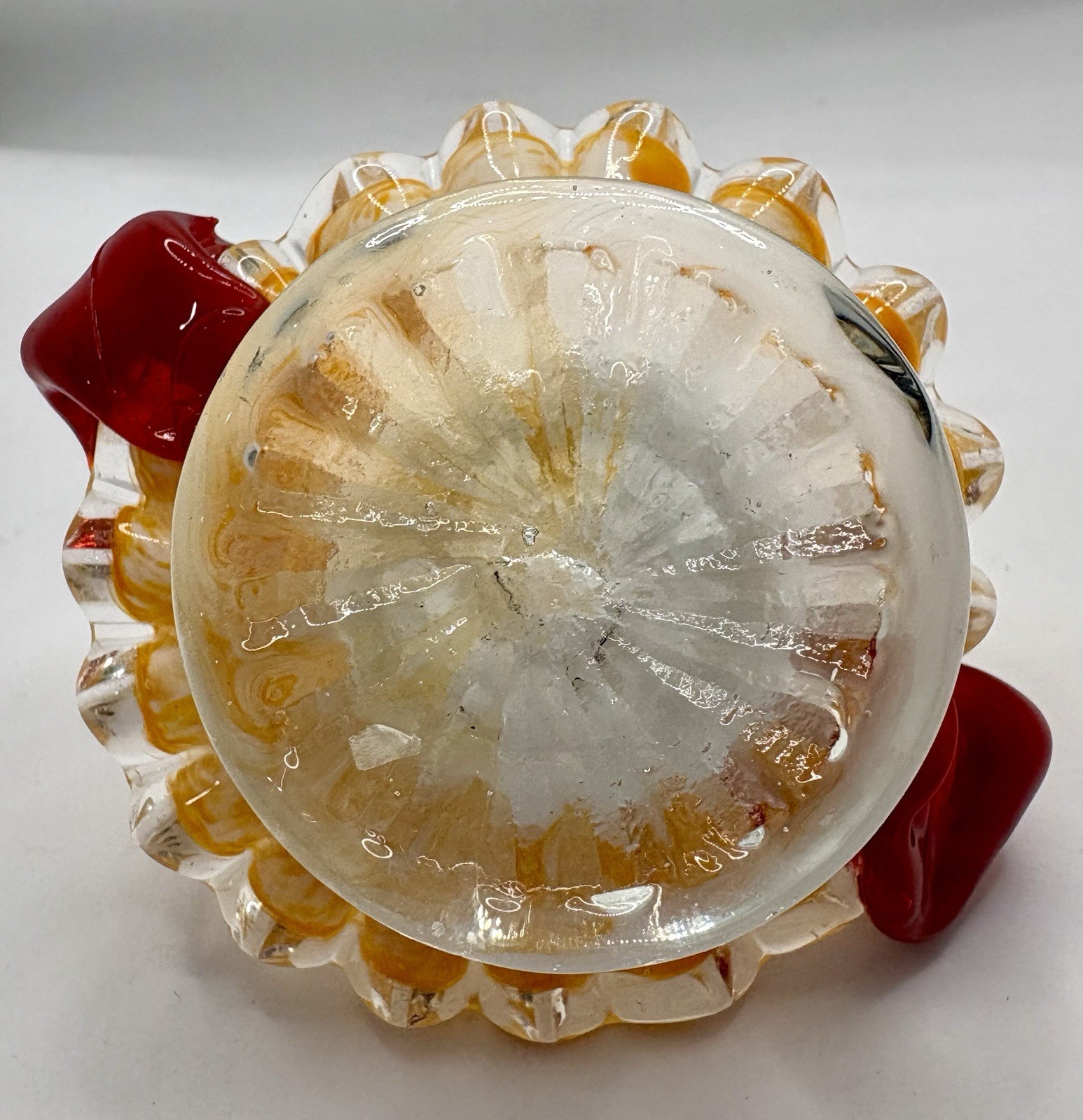 Miniature Glass Basket Orange And Yellow Marbled Art Glass With Ruffled Rim VTG