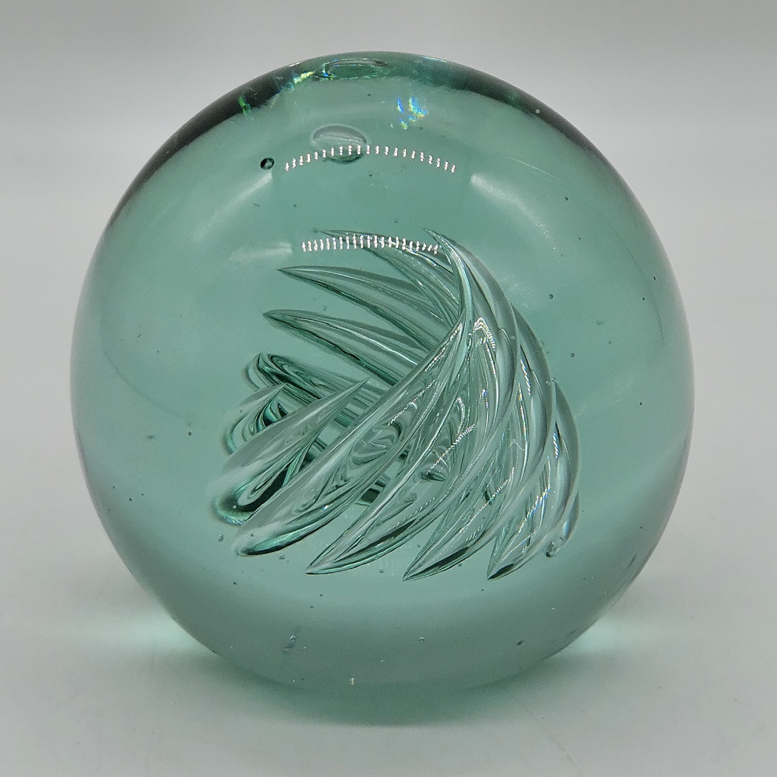 Round Sphere Light Blue Green Swirl Bubble Glass Paperweight 2.5″