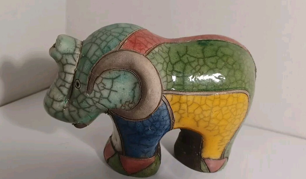Raku Pottery Elephant Sculpture South Africa Bright Colors Trunk Up Good Luck