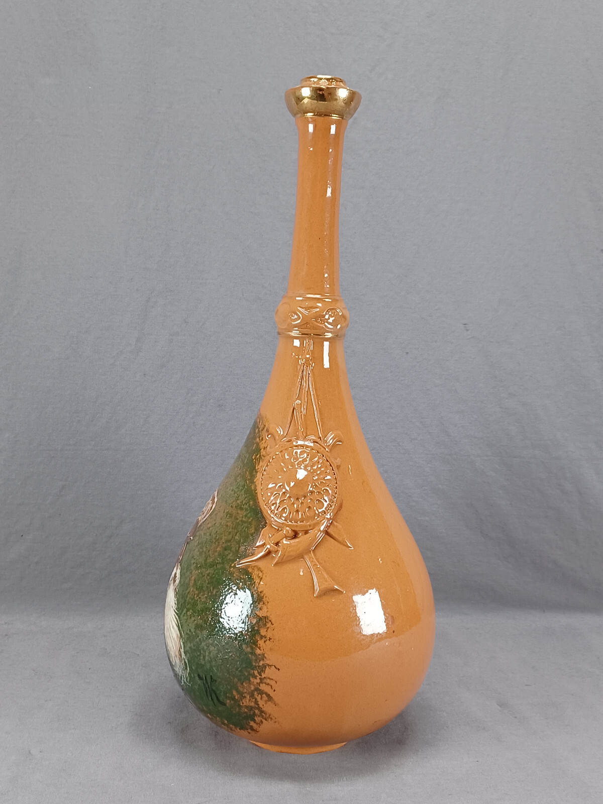 Late 19th Century Austrian Hand Painted Ottoman Turk Orange & Gold Faience Vase