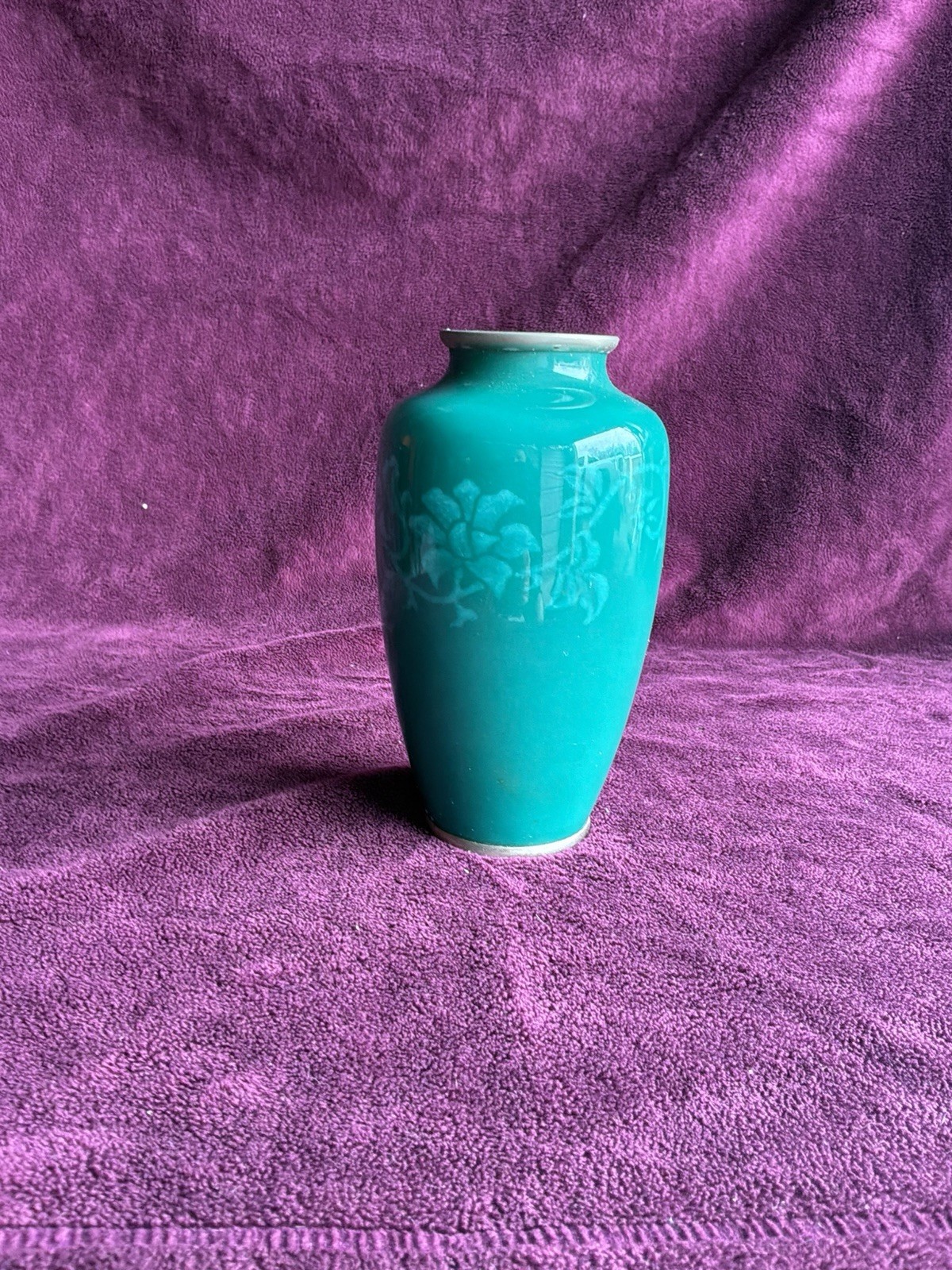 Vintage Sato Japan Turquoise Enamel Vase Floral Design Mid Century Bud Vase