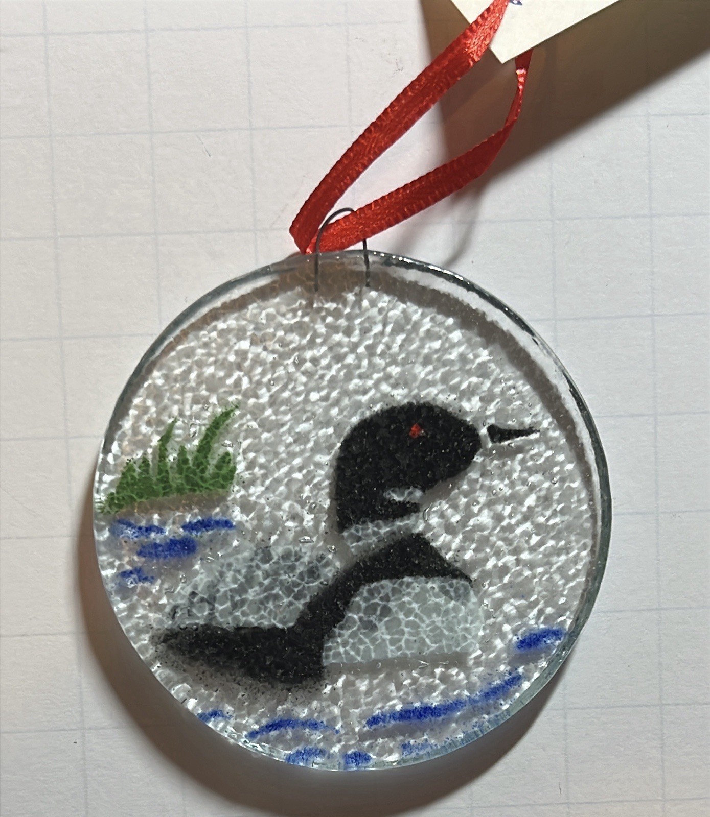 Fused Glass Loon Bird Christmas ornament 2.5″ sun catcher Richmond Glass Works
