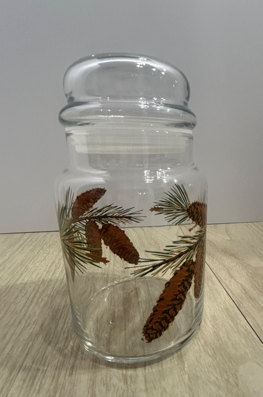 Apothecary Libbey Pine Cone Glass Canister Storage Jar & Lid Pinecones 7″ Vtg