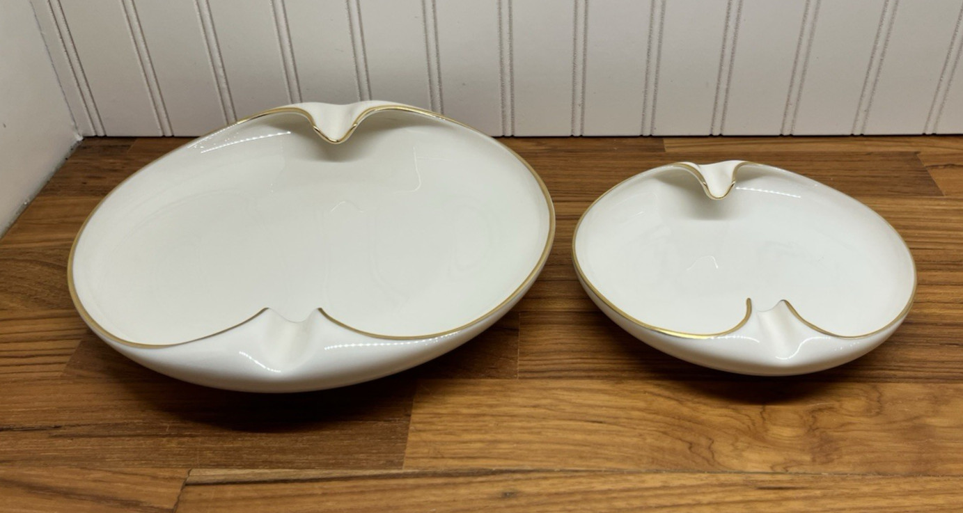 Lenox Ashtray Vintage USA Bone China Ivory 24k Gold Trim Two Cigarette Rest Pair