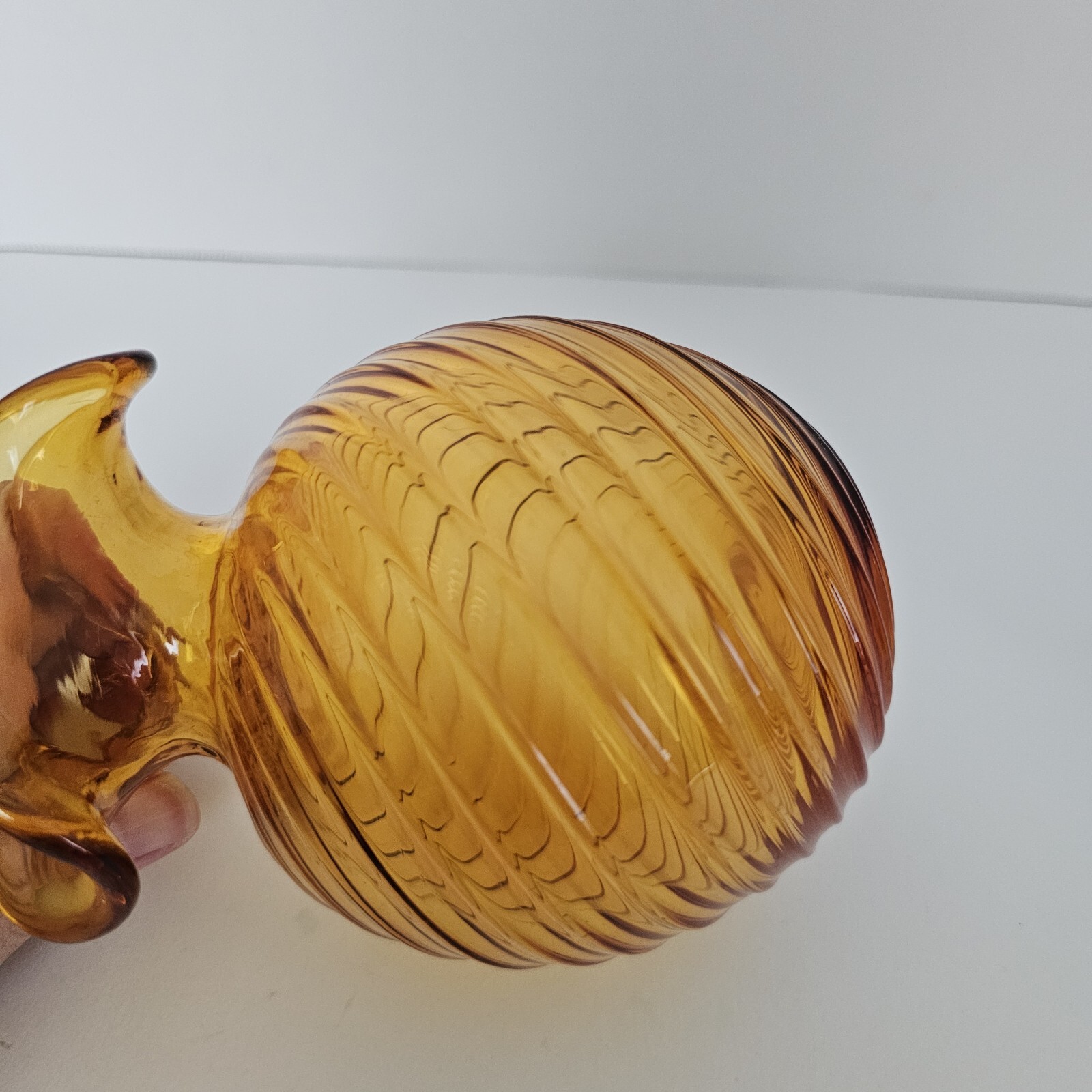 Chalet Art Glass Hand Blown Crystal Glass MCM Ruffled Rim Amber Swirl
