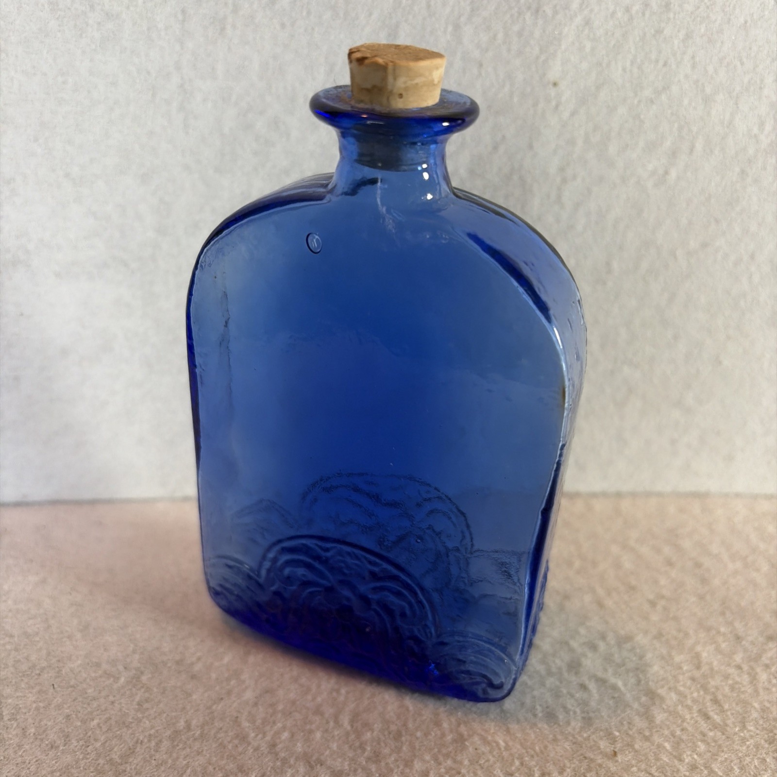 Vintage Cobalt Blue Recycled Embossed Flask Bottle By Vidrios de Levante 4.5” T