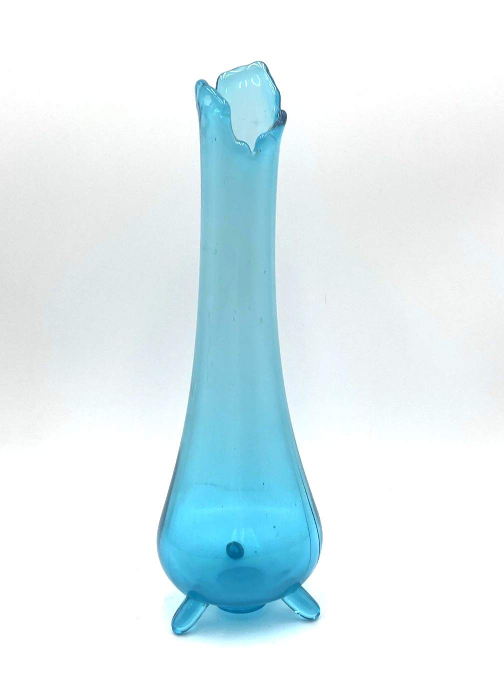 Vtg LE Smith 3-Toe Swung Vase Peacock Blue Smoothie Unique Mouth 12.75″