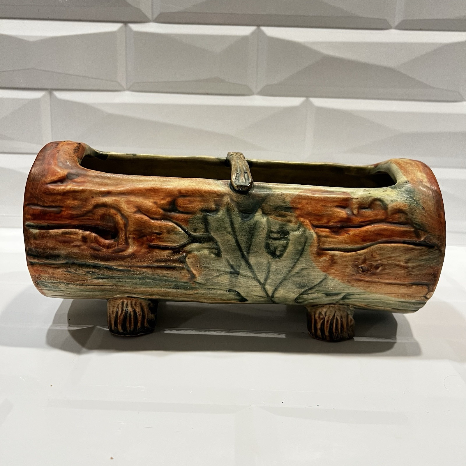Weller Woodcraft Log Pottery Oak Leaf Log Shaped Ceramic Planter Centerpiece
