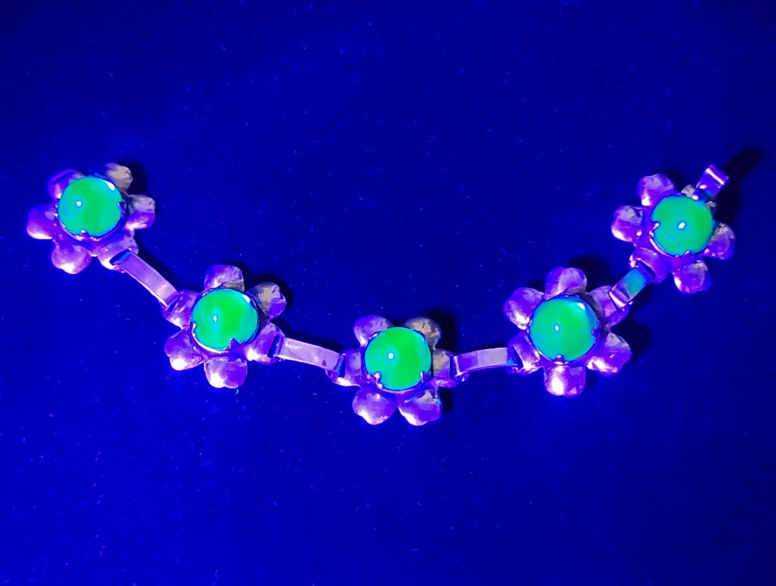Vintage Sterling Blue Uranium Glass Bracelet Rare Sapphire Blue 1960s Flower 925