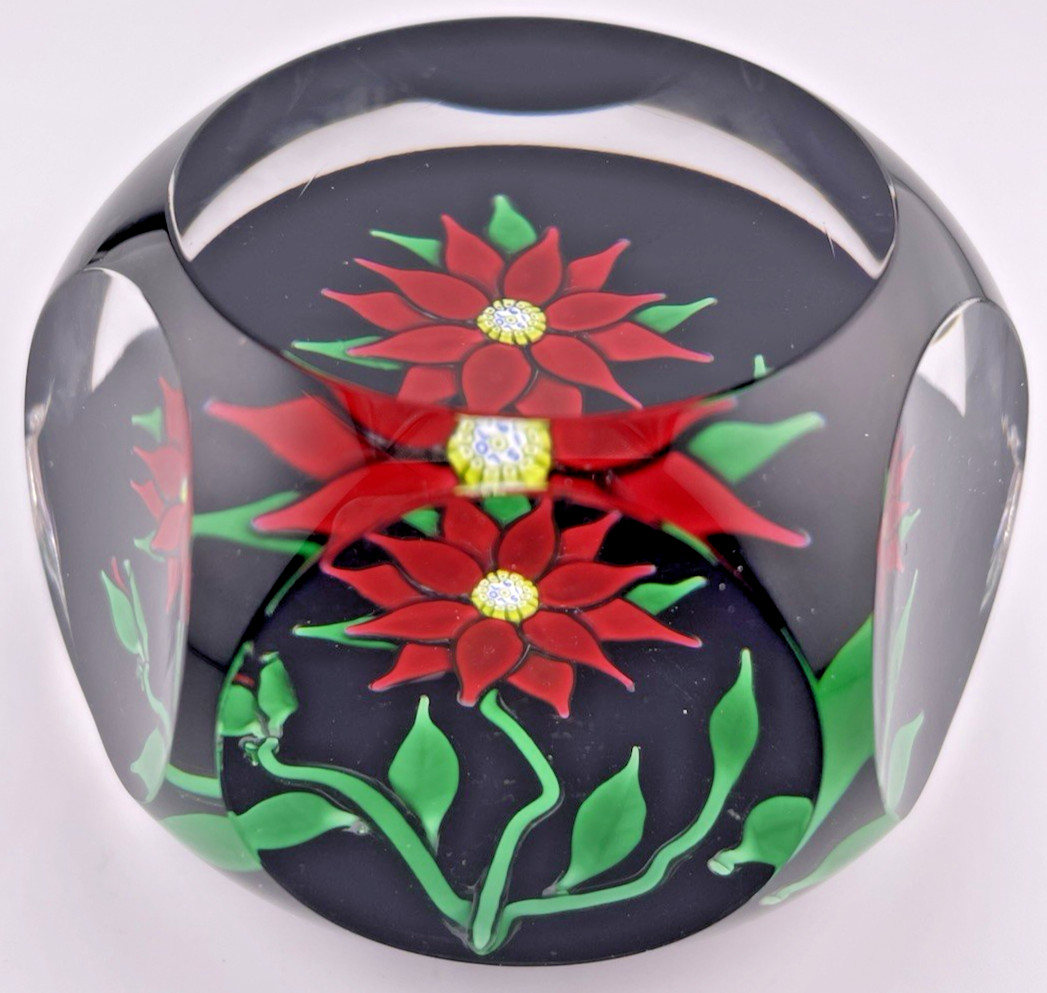 1970 Faceted Saint Louis Red Double Clematis on Dark Blue – Selman Sticker 3.4″