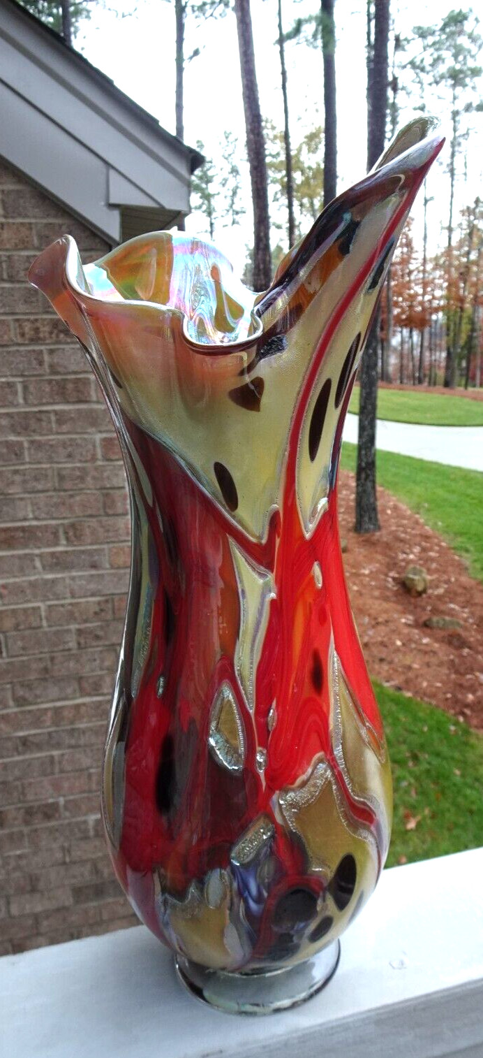 Signed Sy Dowling 14.5″ Freeform Studio Art Glass “Flambe” Vase 2014