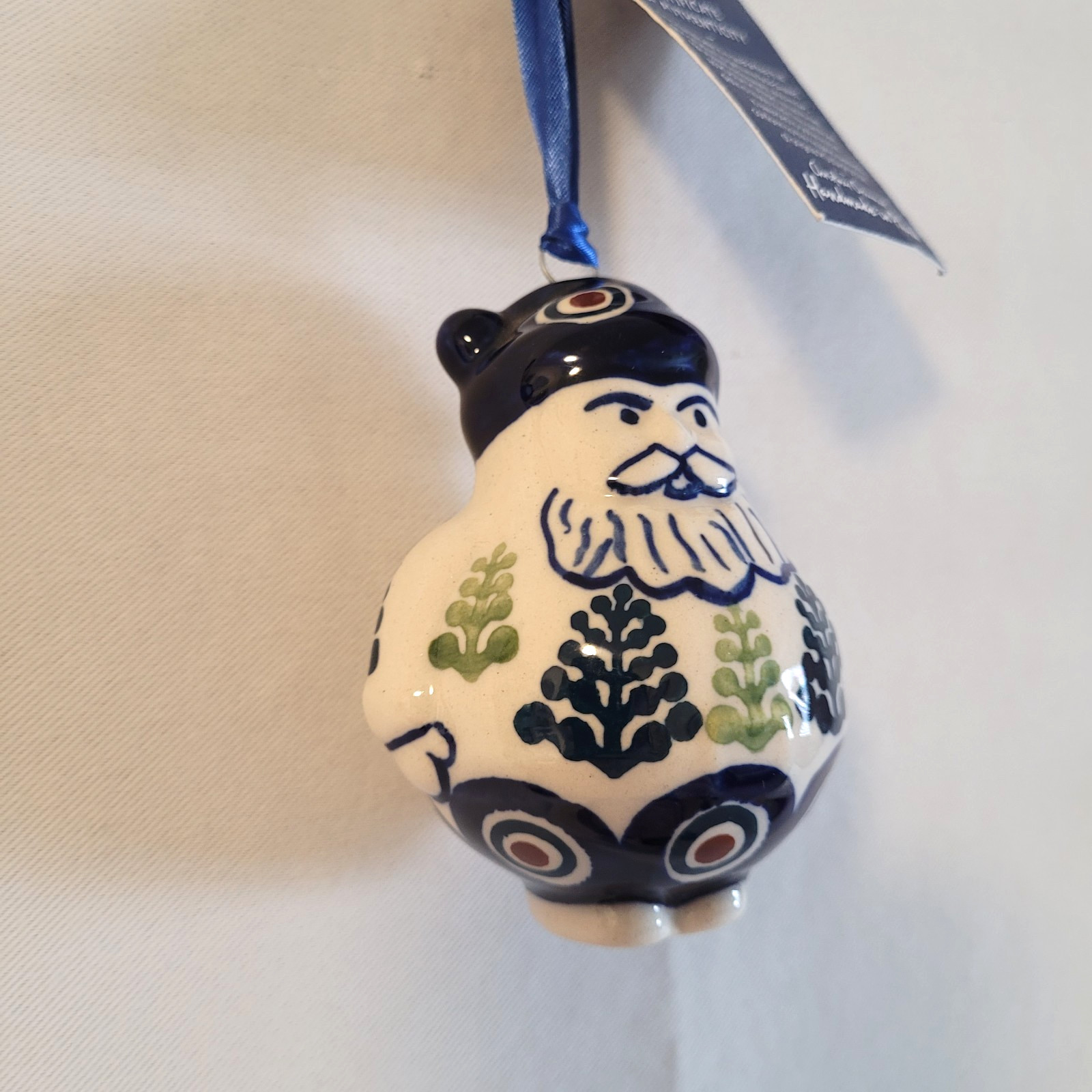 Manufaktura Polish Pottery Ceramic Ornament Christmas Santa with Trees NWT