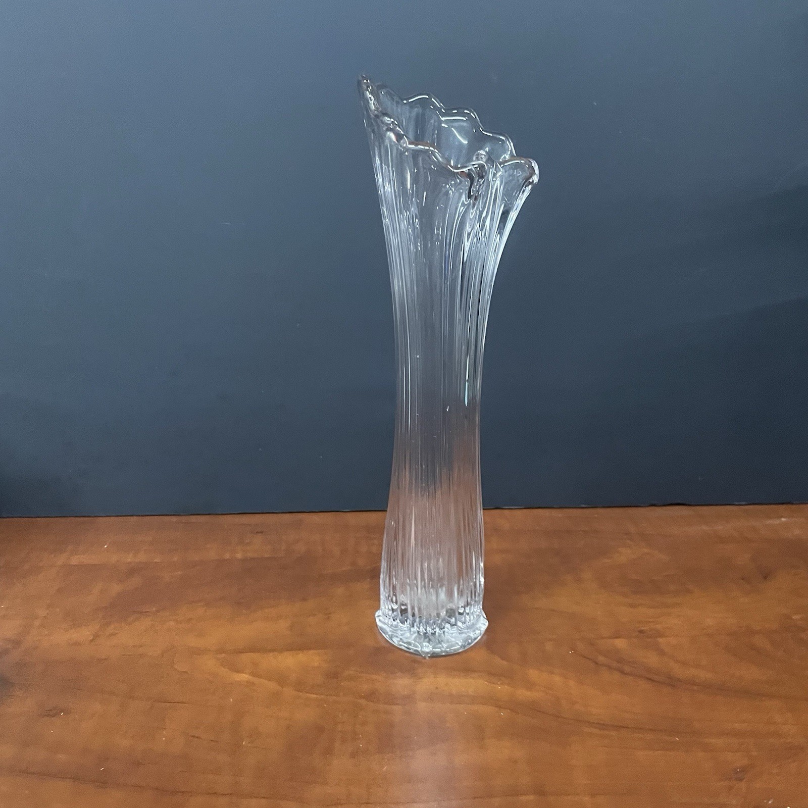 Vintage MCM Clear Swung Art Glass Finger Vase 9.75”