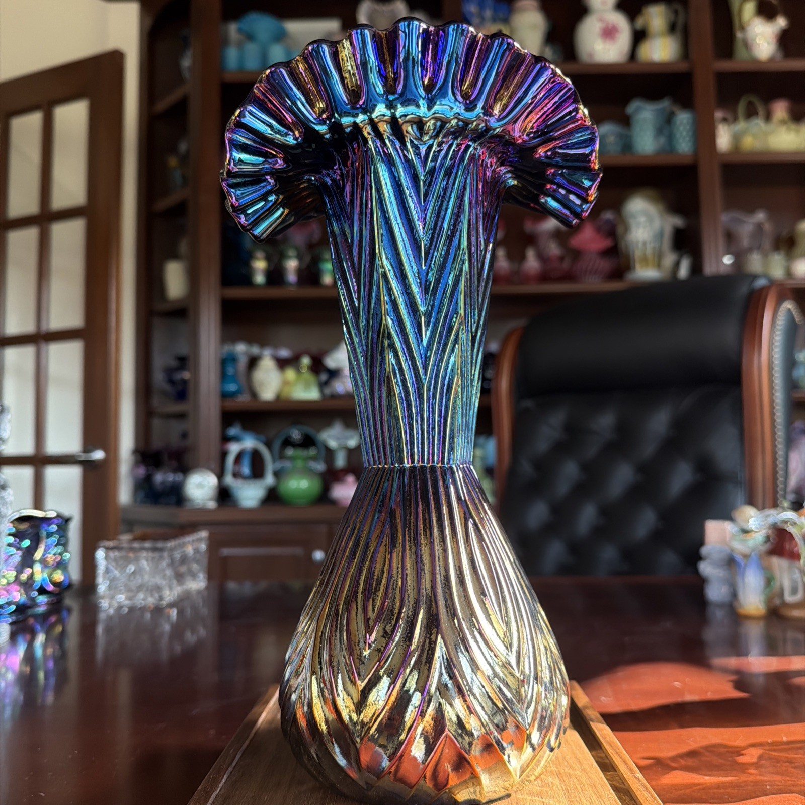 Incredible Vintage Amethyst Black Carnival Fenton Mitered Oval Vase Signed