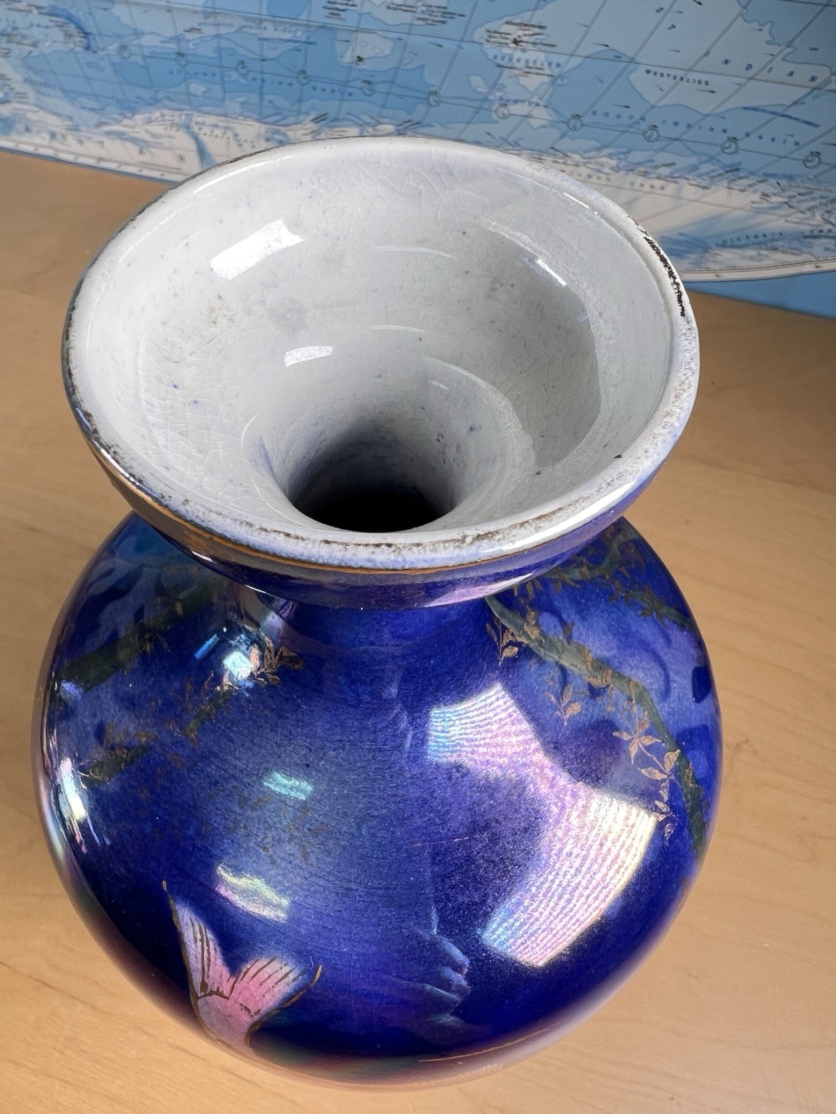 Antique Oriental Blue Iridescent Porcelain Vase 9.25″ Tall Hand Painted Koi Fish