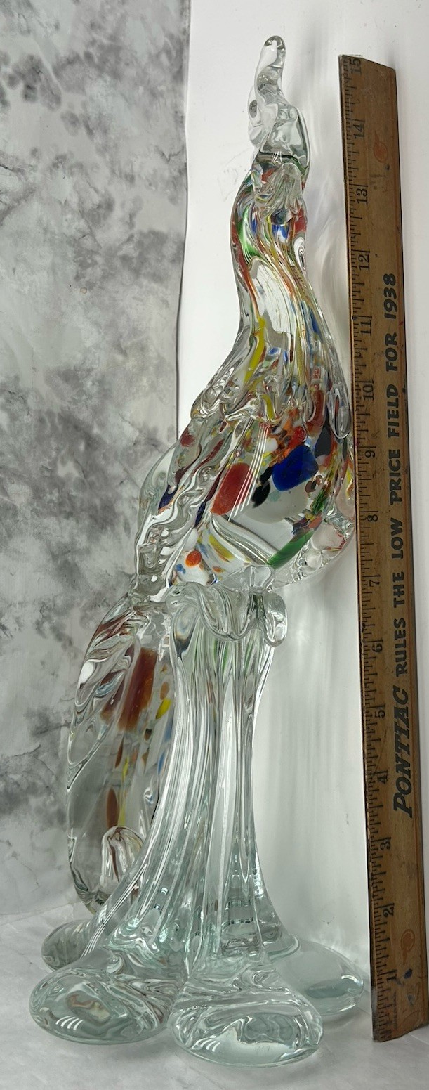 Mid Century Murano Style Art Glass Pheasant/Bird Figurine 15” Multi Colored