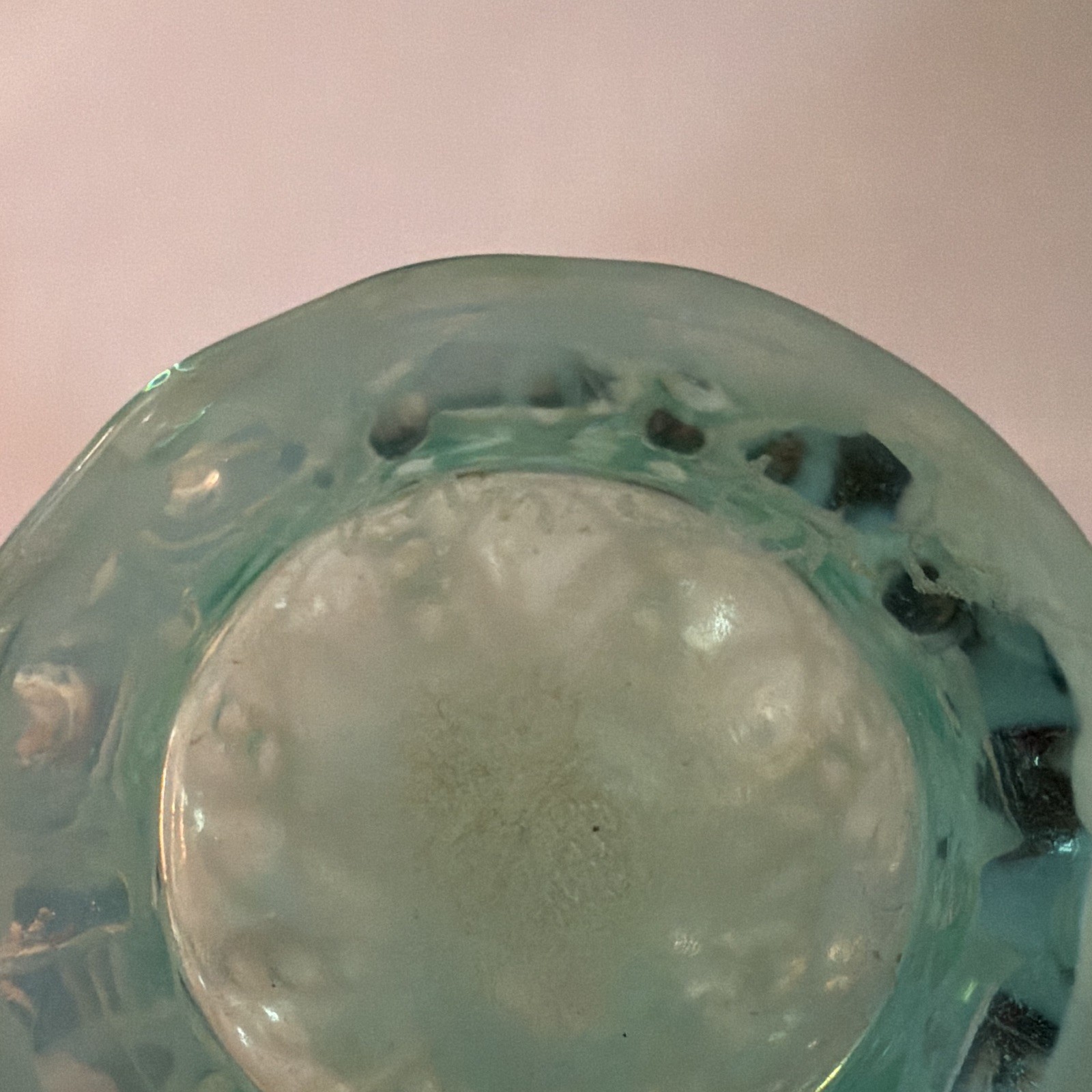 Blue Opalescent Glass Bud Vase, Ruffled Pattern Rim, 4 in Tall, Signed, Fenton