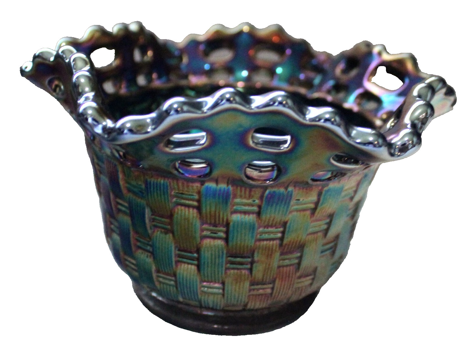 FENTON BASKETWEAVE 70’S AMETHYST CARNIVAL IRIDESCENT RUFFLED GLASS BOWL 3 1/4″
