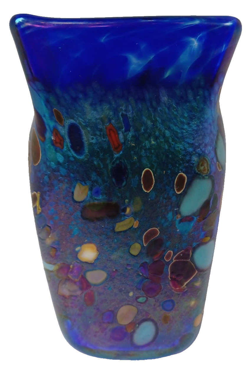 Stunning Vintage Signed 2000 David Tate 6.75″ Iridescent Abstract Art Glass Vase