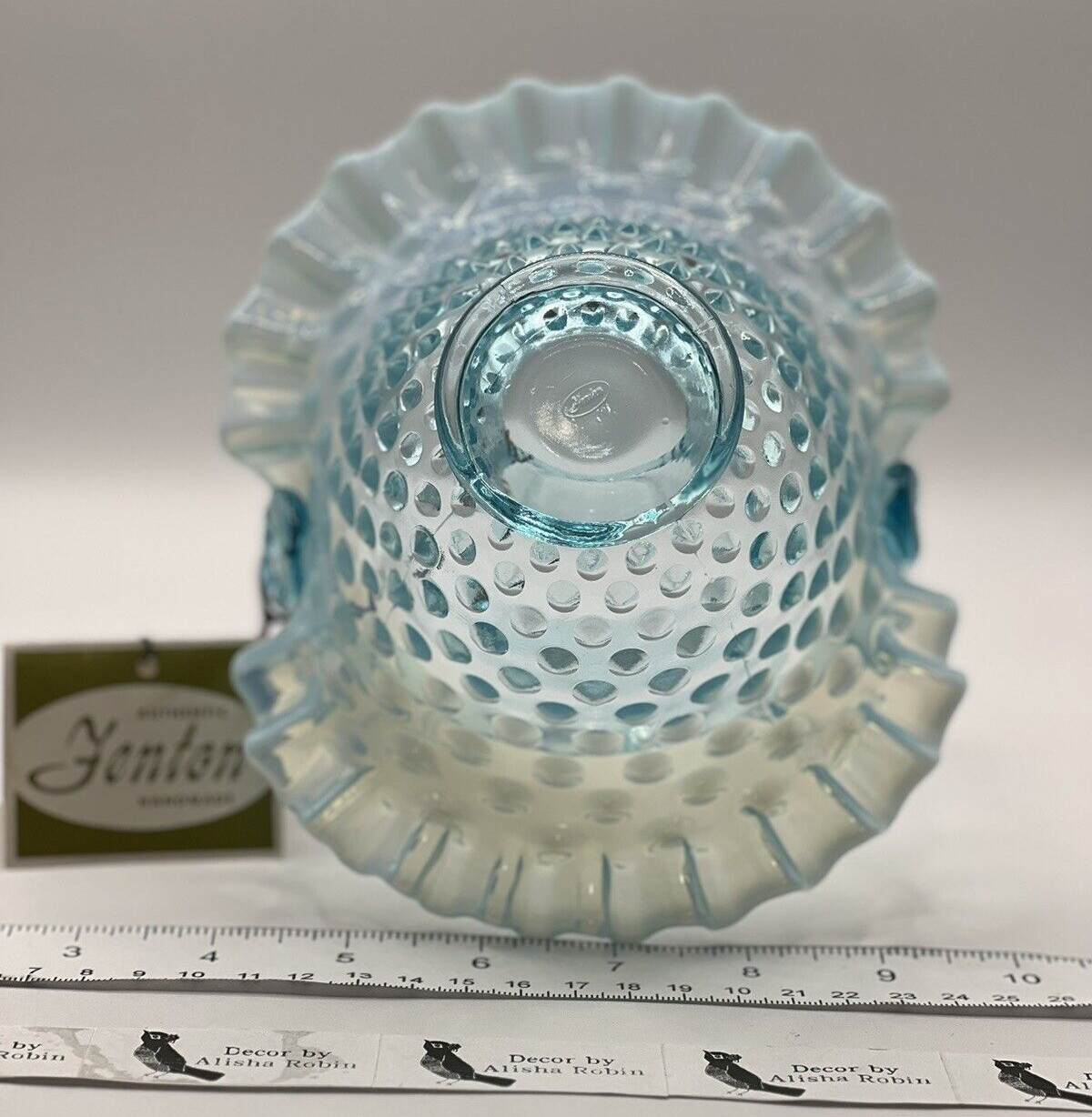 Fenton Aqua Blue Opalescent Hobnail Basket Ruffle Top Aqua Glass Handle MINT