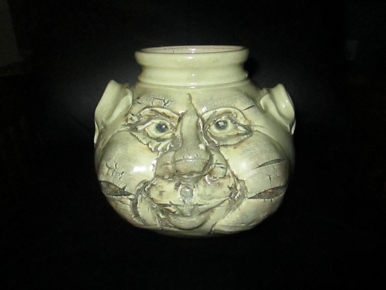 Unique Large Pottery Pot Ogre Face Vase 9″ dia X 7 1/2″ wide Monster Art Head