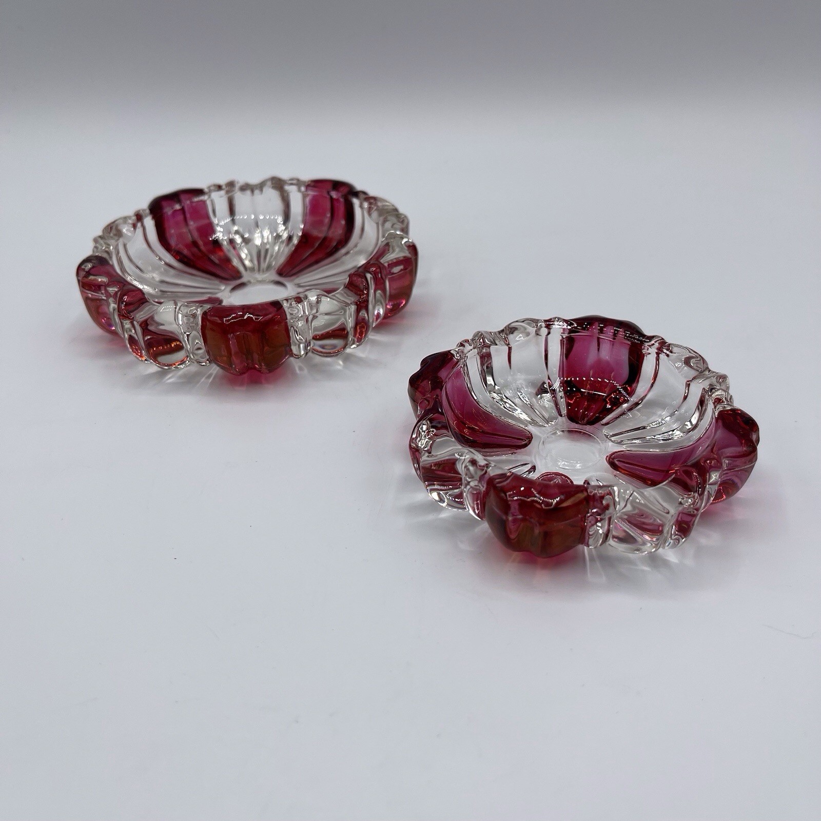 2 Vintage Cranberry Ruby Flash Glass Cigarette Ashtray 3.25 &. 4.25 inches MCM