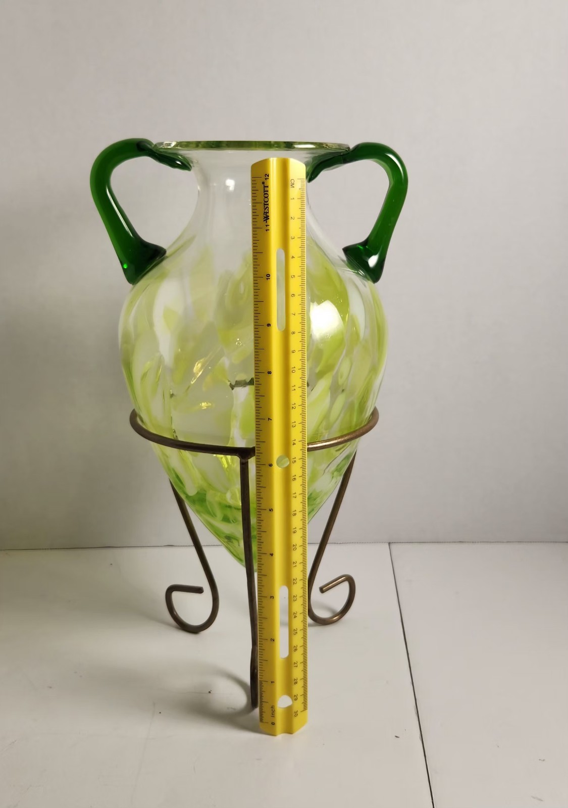 VTG Yalos Murano Glass Variegated Green Amphora Vase With Cast Iron Metal Stand