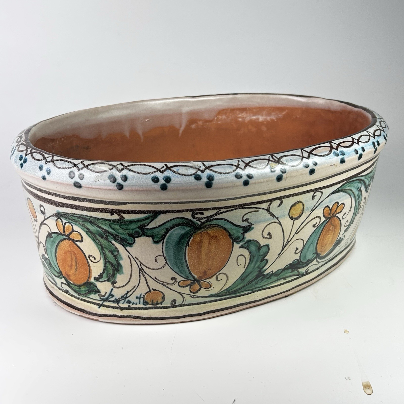 1990’s Terra-Cotta Handpainted Signed Pottery Made In Italy 12” x 10” W, 4.5” H