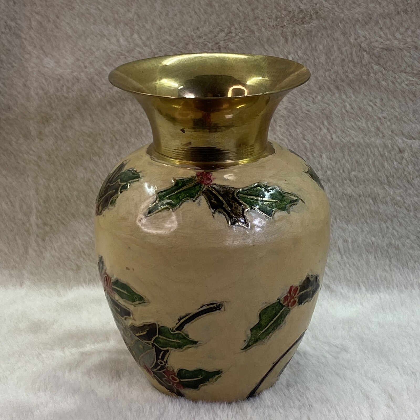 Vintage Cloisonne Enamel Finish Brass India Holly Bells Christmas Vase & Dish 5”