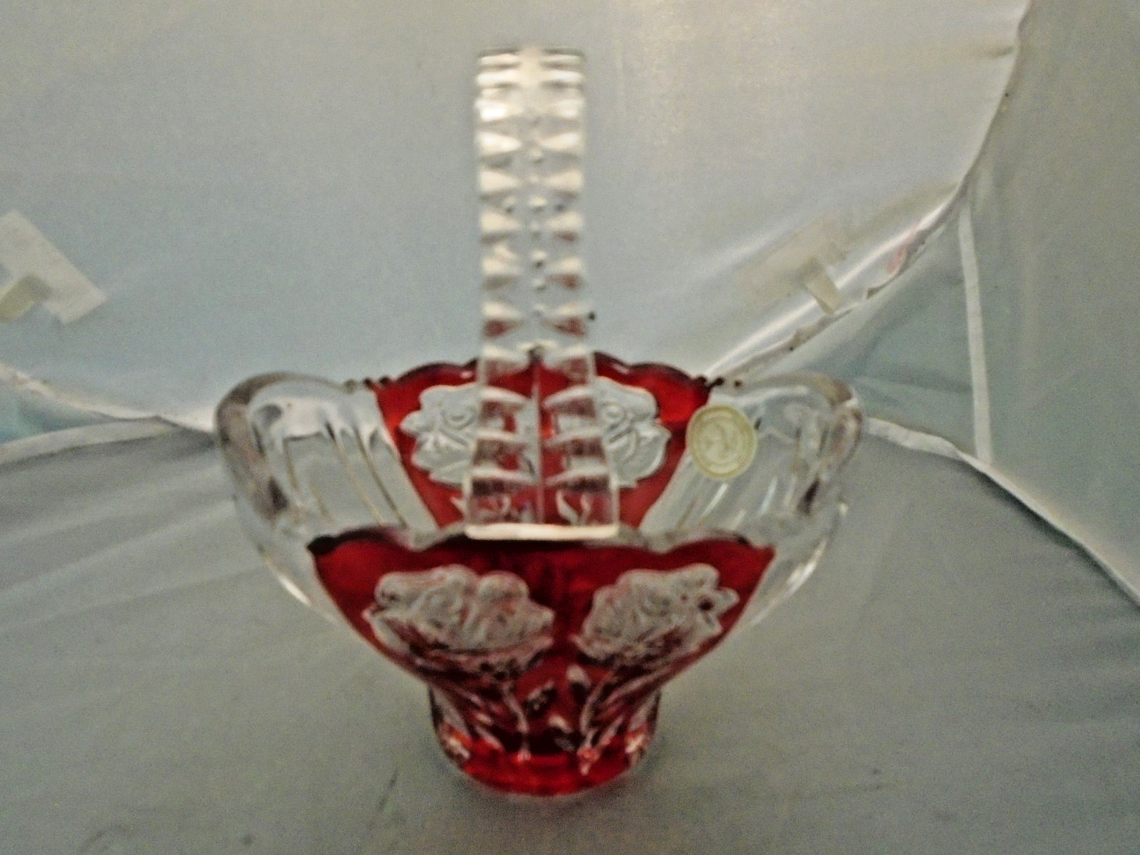 Vintage German Bohemian Glass Red to Clear Cut Crystal Basket W/ Flowers