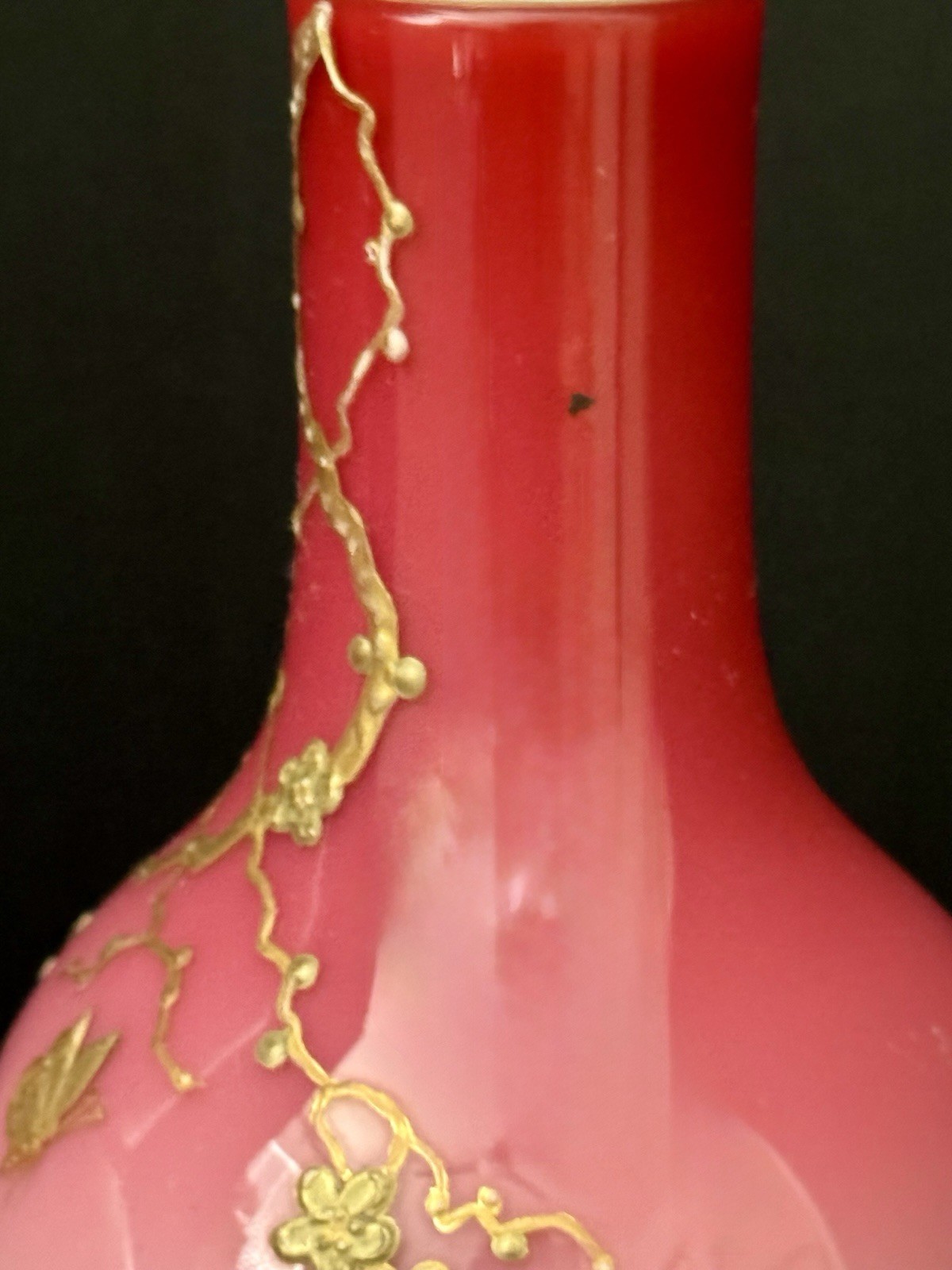 Pair Thomas Webb Peachblow Art Glass Rare Companion Vases Gilt Butterfly Nouveau