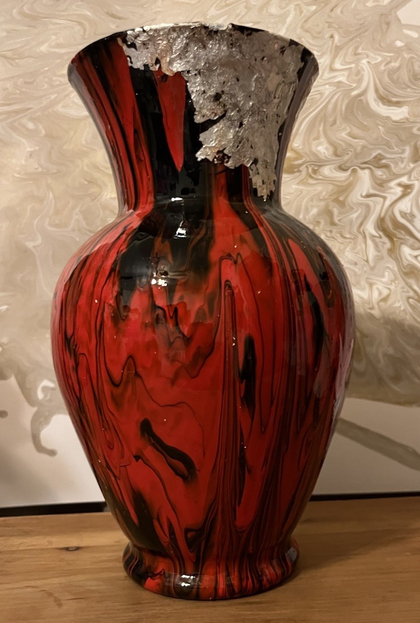 Red Black Swirl Abstract Glass Vase Silver Accent Decorative Home Decor Display