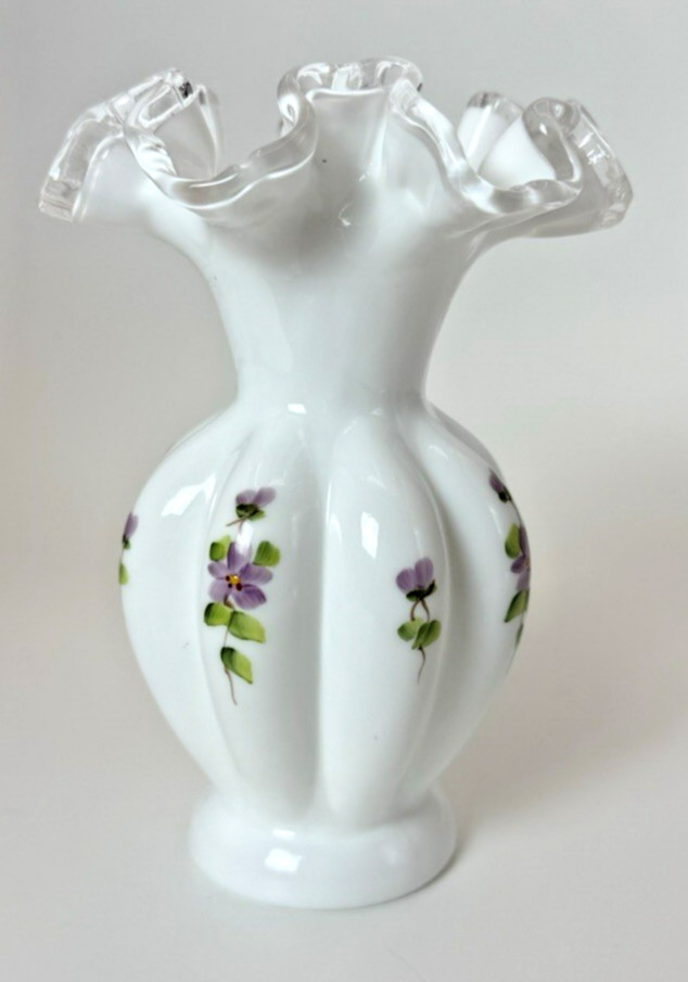 Fenton Silver Crest Ruffled Hand Painted Violets in the Snow 6″ Vase