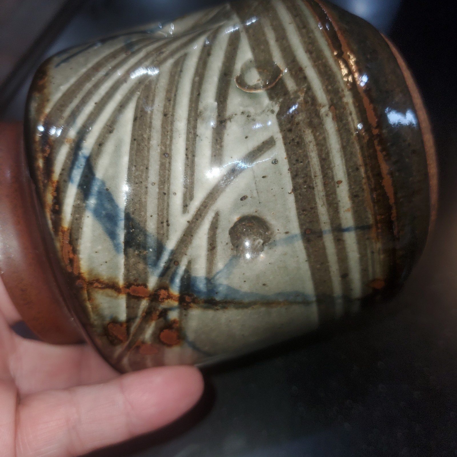 Pottery Stoneware Vase – Classic Urn Shape – Drip Glaze Gray Tan Blue – Signed