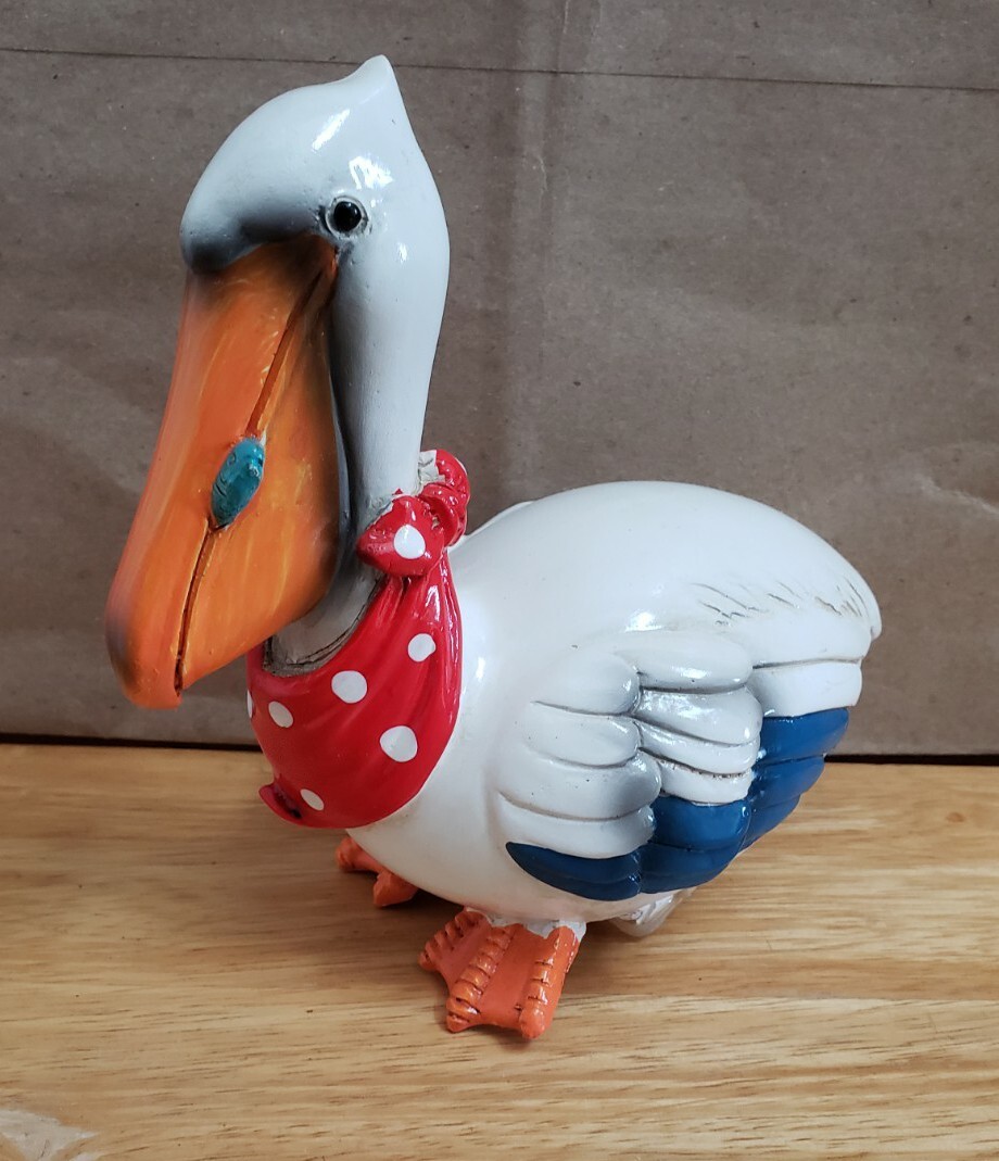 Ceramic Pelican Bird with Fish Figurine Nautical Beach Cottage Home Decor
