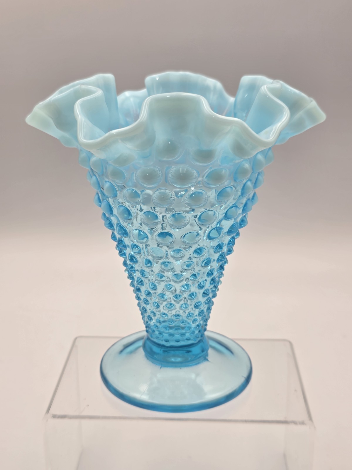 VINTAGE FENTON BLUE OPALESCENT HOBNAIL TRUMPET VASE