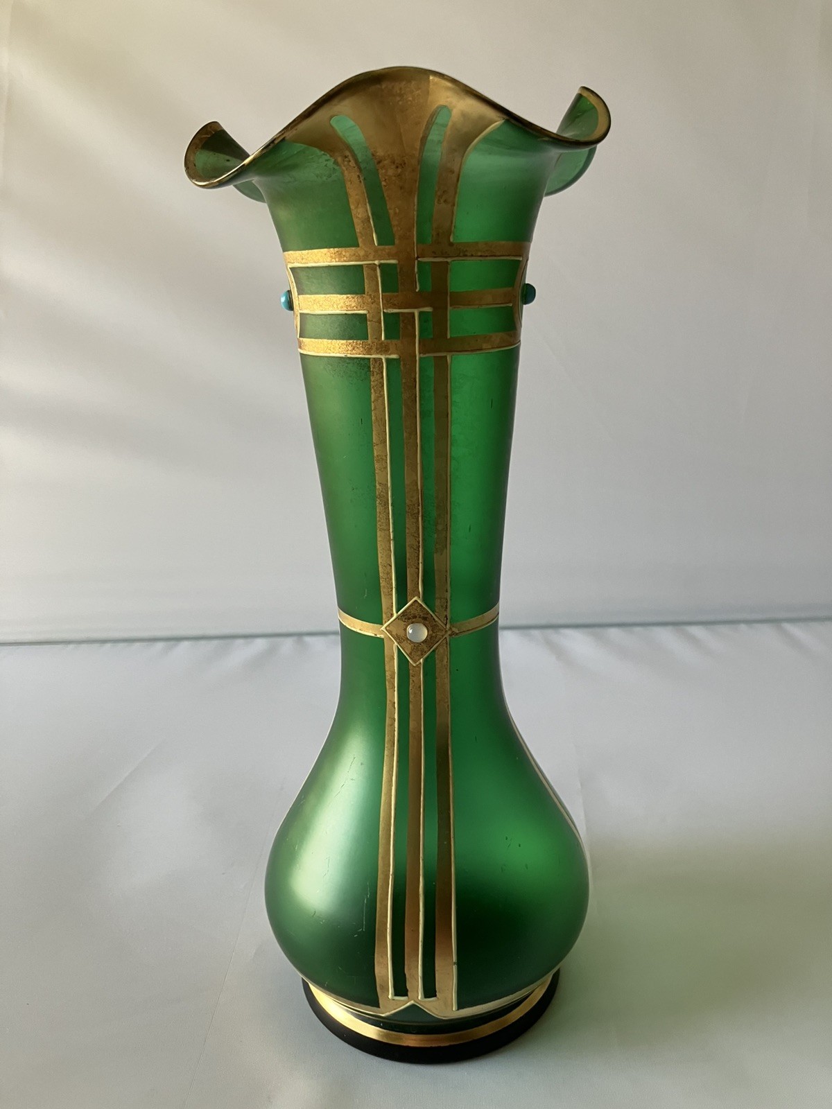 Antique Austrian Art Nouveau Gilt Metal Stones Green Glass Vase Loetz?