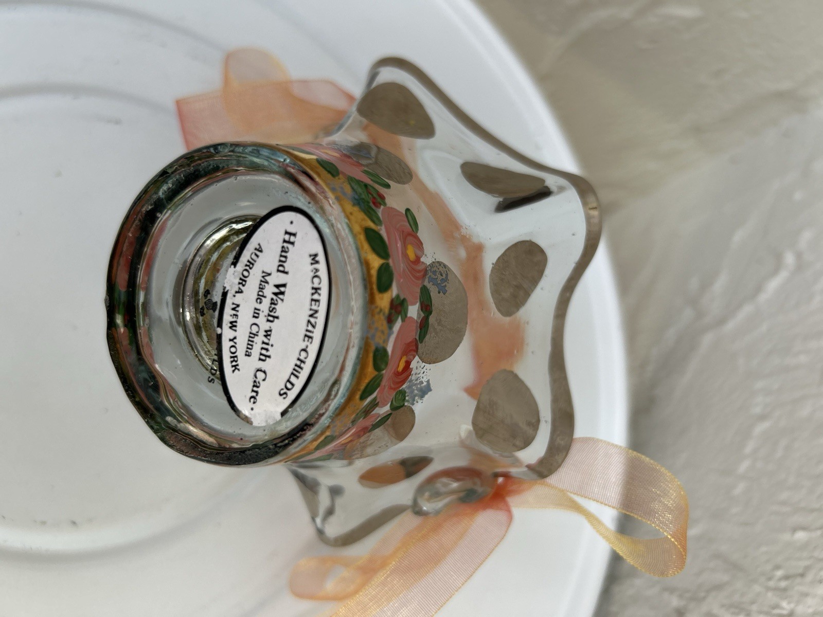 MacKenzie-Childs Circus Collection hand-painted glass basket with a ruffled rim